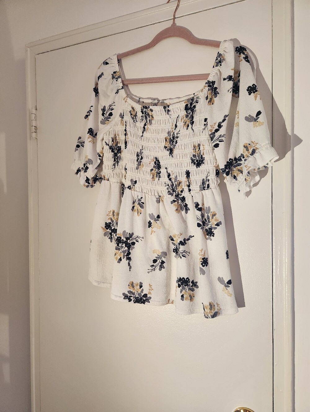 MELLODAY White Floral Smocked Square-Neck Peplum Top with Black and Gold Accents